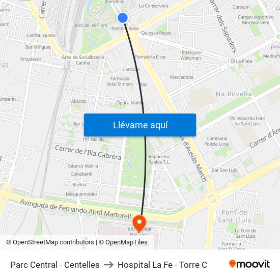 Parc Central to Hospital La Fe - Torre C map