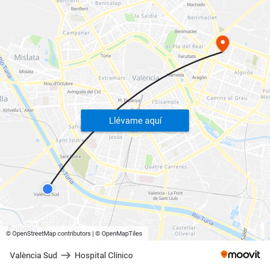 València Sud to Hospital Clínico map