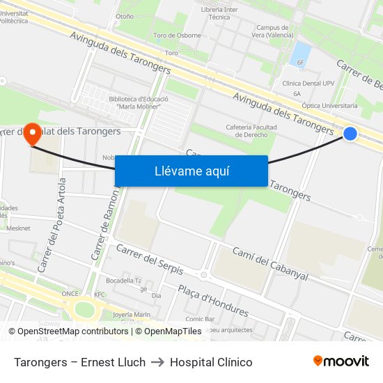 Tarongers – Ernest Lluch to Hospital Clínico map