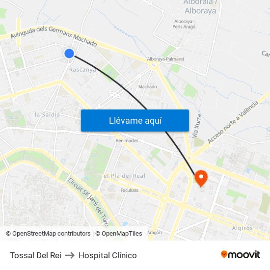 Tossal Del Rei to Hospital Clínico map