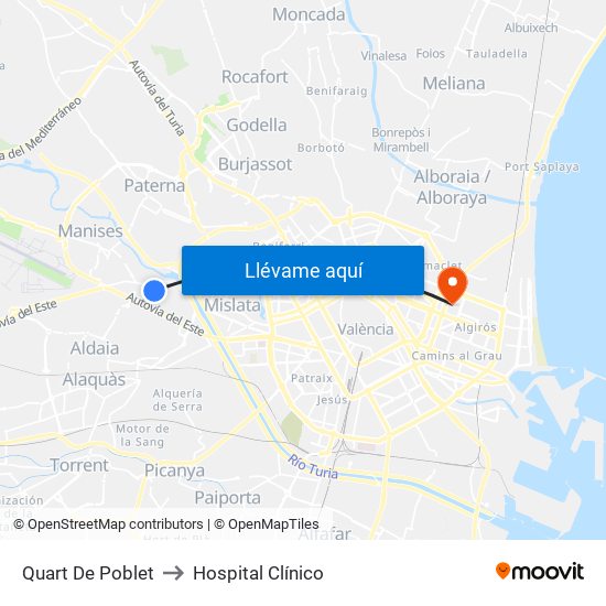 Quart De Poblet to Hospital Clínico map