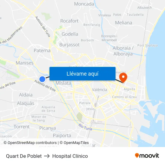 Quart De Poblet to Hospital Clínico map