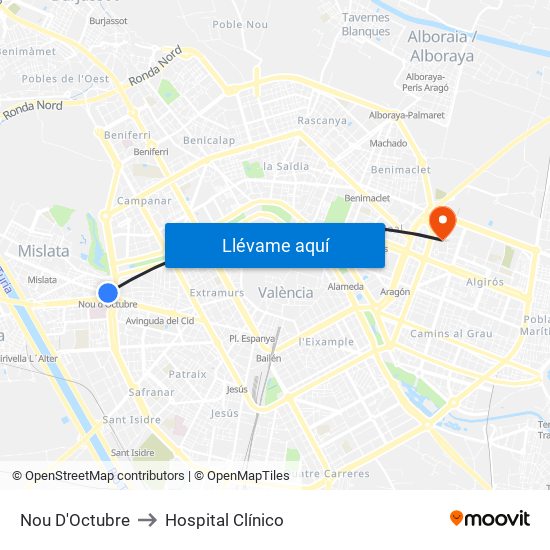 Nou D'Octubre to Hospital Clínico map