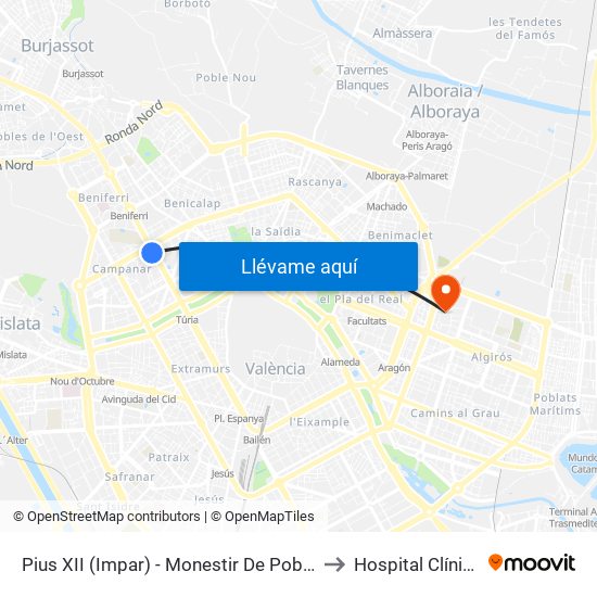Pius XII (Impar) - Monestir De Poblet to Hospital Clínico map