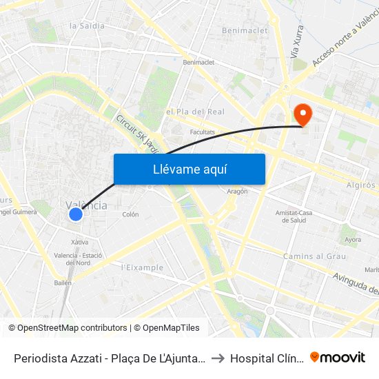 Plaça De L'Ajuntament - Periodista Azzati to Hospital Clínico map