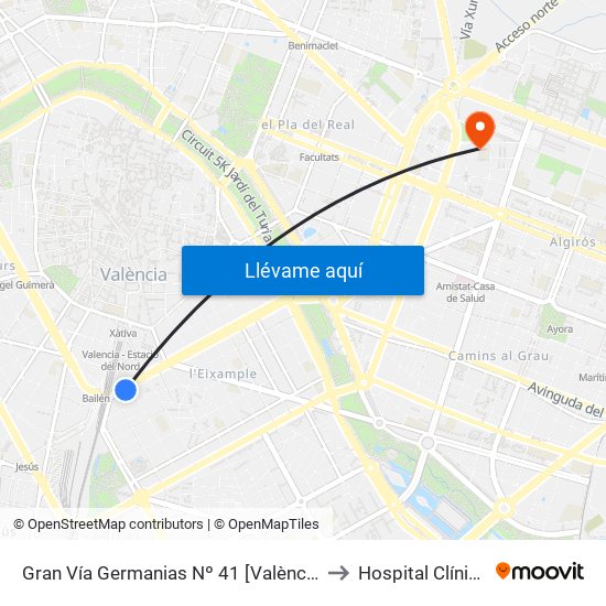 Gran Vía Germanias Nº 41 [València] to Hospital Clínico map