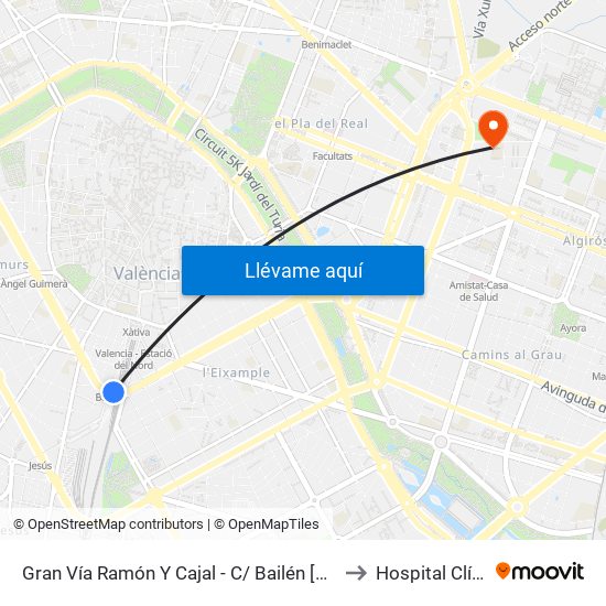 Gran Vía Ramón Y Cajal - C/ Bailén [València] to Hospital Clínico map
