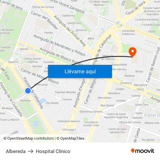 Albereda to Hospital Clínico map