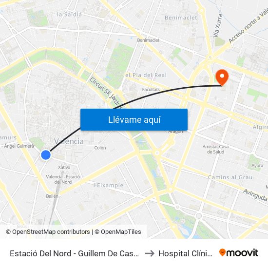 Estació Del Nord - Guillem De Castro to Hospital Clínico map