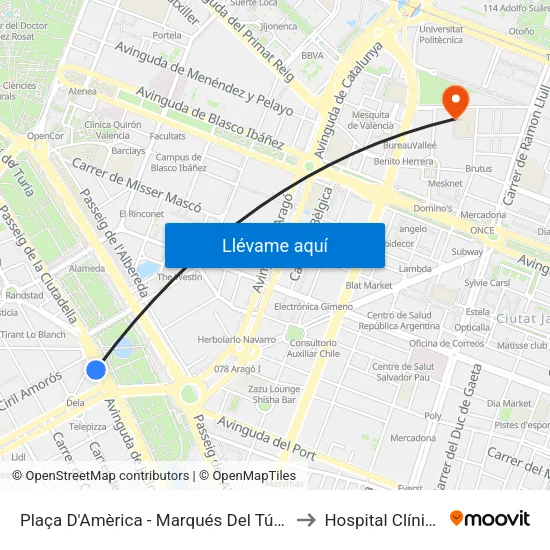 Plaça D'Amèrica - Marqués Del Túria to Hospital Clínico map
