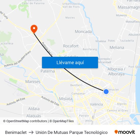 Benimaclet to Unión De Mutuas Parque Tecnológico map