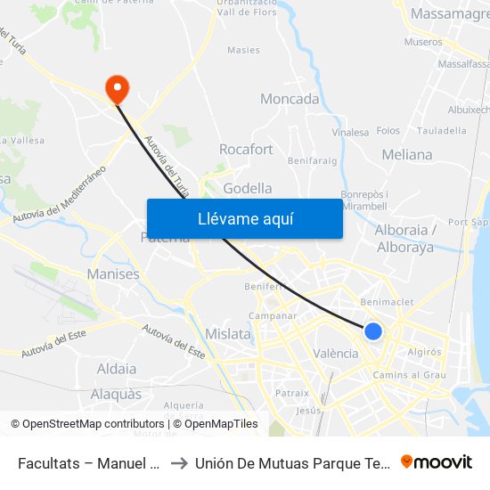 Facultats – Manuel Broseta to Unión De Mutuas Parque Tecnológico map