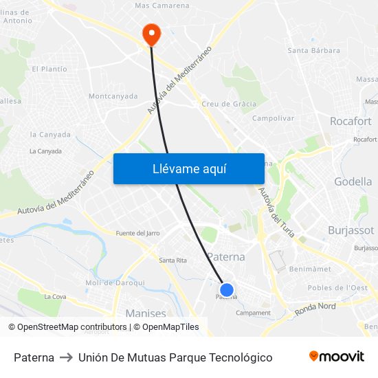 Paterna to Unión De Mutuas Parque Tecnológico map