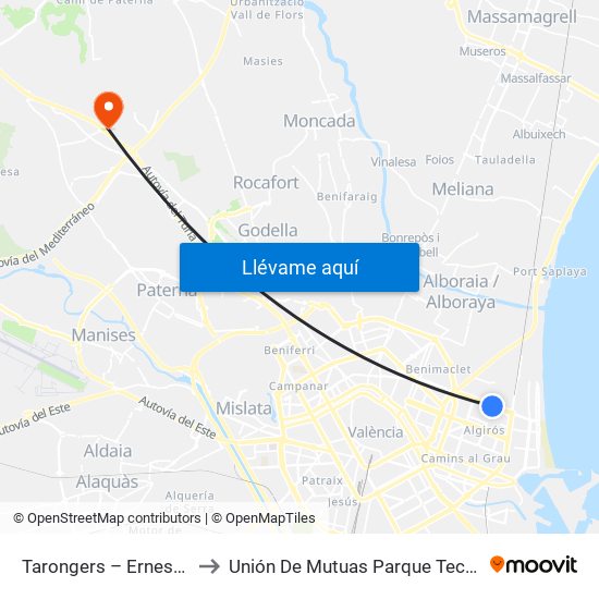 Tarongers – Ernest Lluch to Unión De Mutuas Parque Tecnológico map