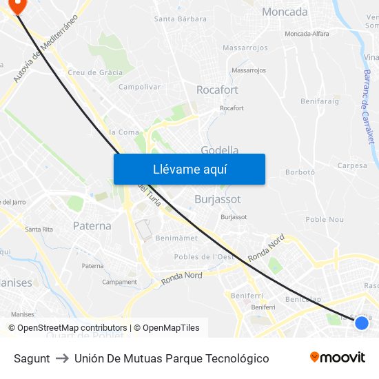 Sagunt to Unión De Mutuas Parque Tecnológico map