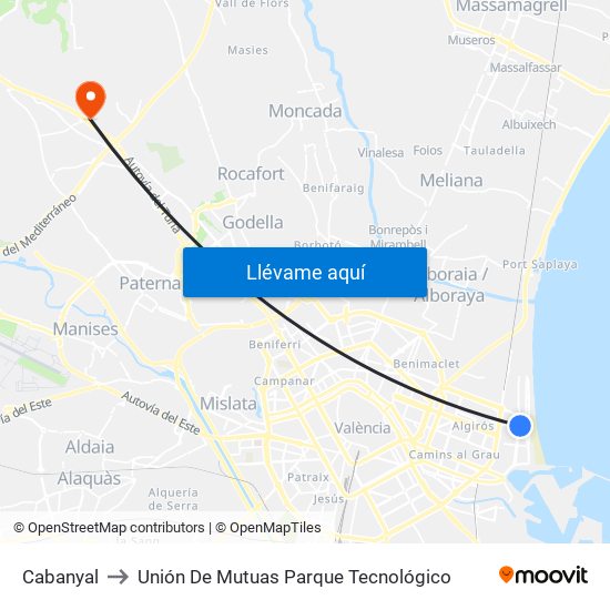 Cabanyal to Unión De Mutuas Parque Tecnológico map