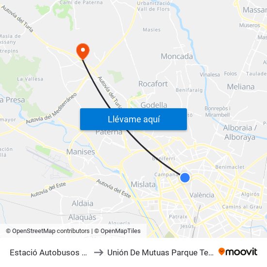 Estació Autobusos València to Unión De Mutuas Parque Tecnológico map