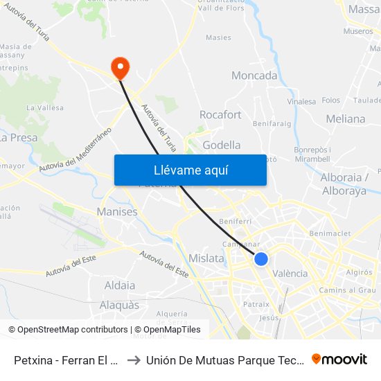 Petxina - Ferran El Catòlic to Unión De Mutuas Parque Tecnológico map