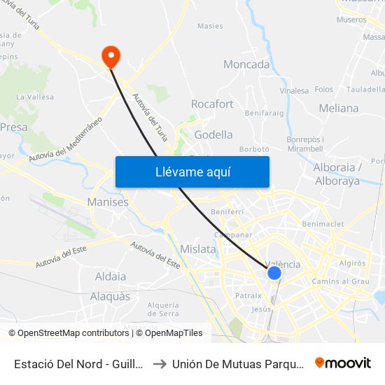 Estació Del Nord - Guillem De Castro to Unión De Mutuas Parque Tecnológico map