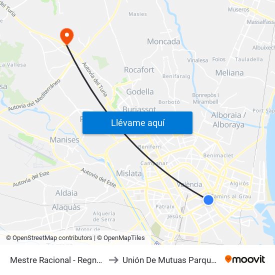 Mestre Racional - Regne De València to Unión De Mutuas Parque Tecnológico map