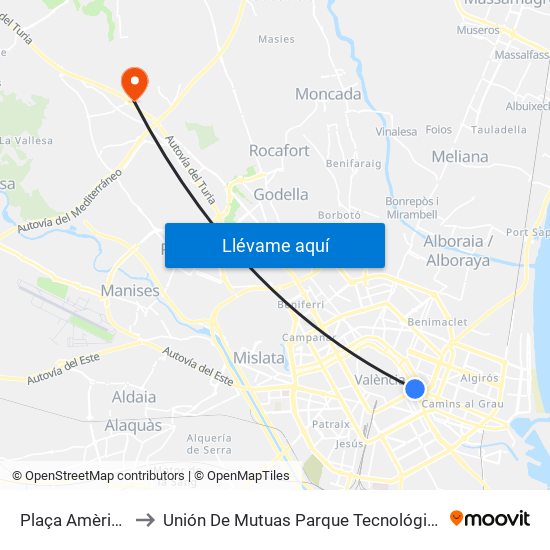 Plaça Amèrica to Unión De Mutuas Parque Tecnológico map