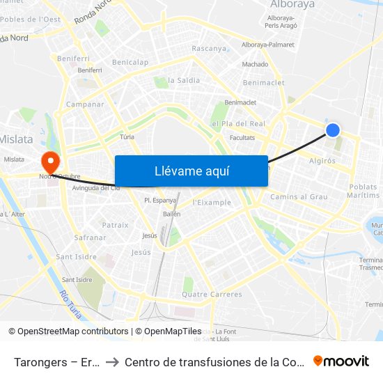 Tarongers – Ernest Lluch to Centro de transfusiones de la Comunidad Valenciana map