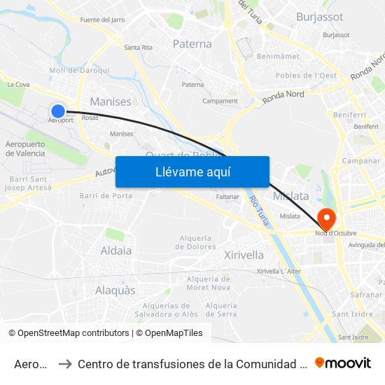 Aeroport to Centro de transfusiones de la Comunidad Valenciana map