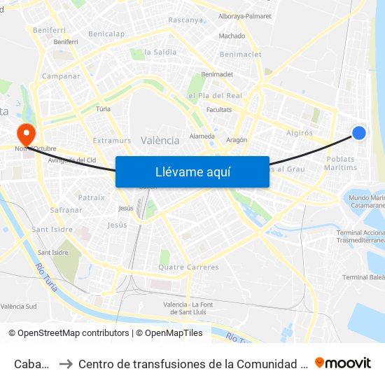 Cabanyal to Centro de transfusiones de la Comunidad Valenciana map