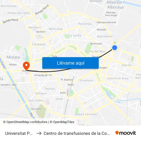 Universitat Politècnica to Centro de transfusiones de la Comunidad Valenciana map
