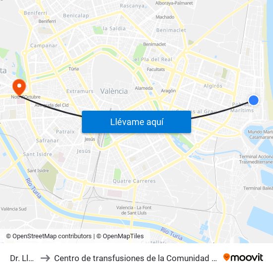 Dr. Lluch to Centro de transfusiones de la Comunidad Valenciana map