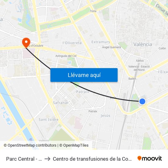 Parc Central to Centro de transfusiones de la Comunidad Valenciana map