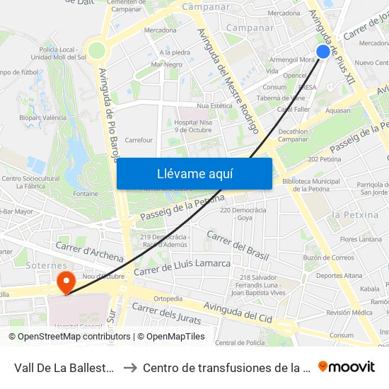 Vall De La Ballestera - Campanar to Centro de transfusiones de la Comunidad Valenciana map