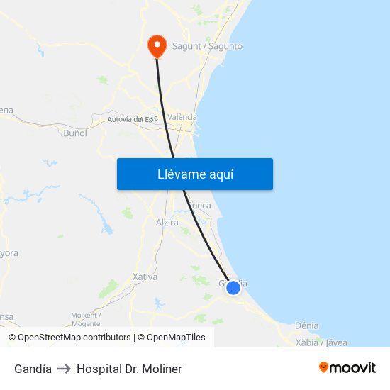 Gandía to Hospital Dr. Moliner map