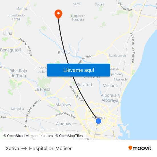 Xàtiva to Hospital Dr. Moliner map