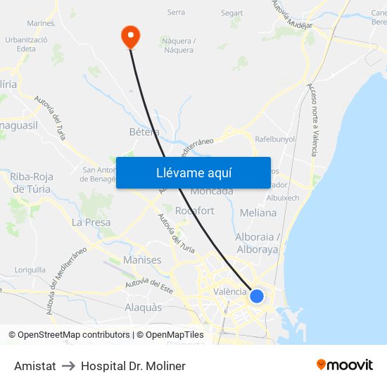 Amistat to Hospital Dr. Moliner map