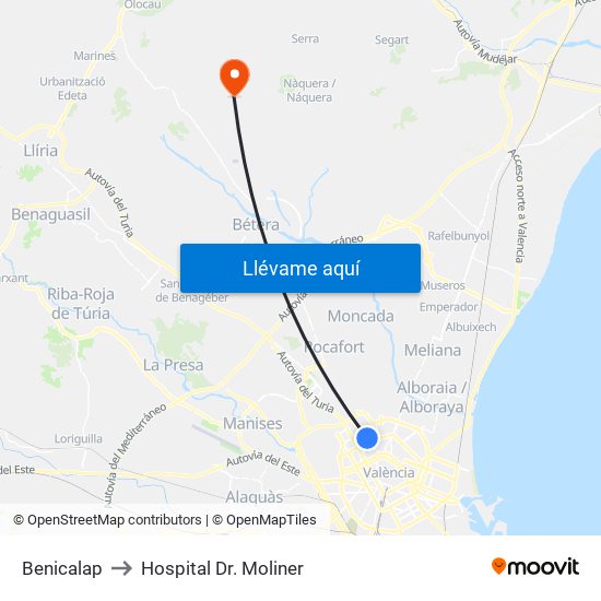 Benicalap to Hospital Dr. Moliner map