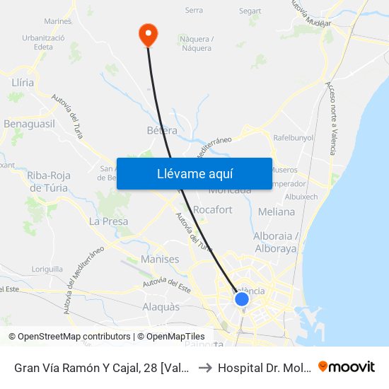 Gran Vía Ramón Y Cajal, 28 [València] to Hospital Dr. Moliner map