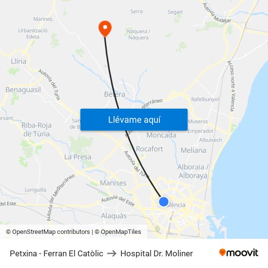 Petxina - Ferran El Catòlic to Hospital Dr. Moliner map