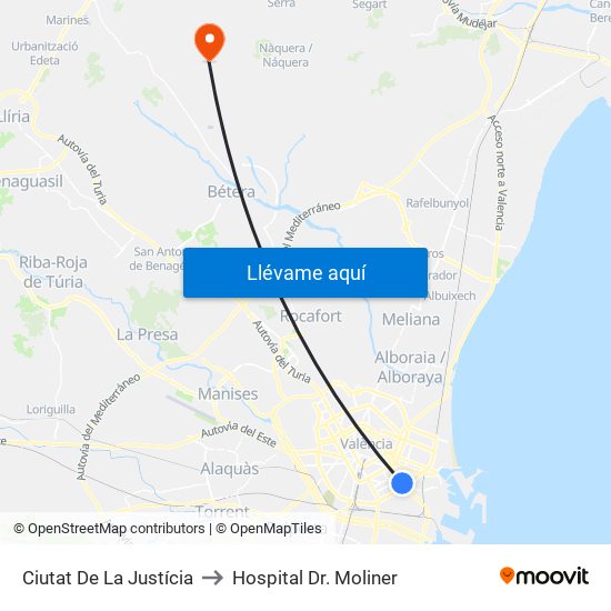 Ciutat De La Justícia to Hospital Dr. Moliner map