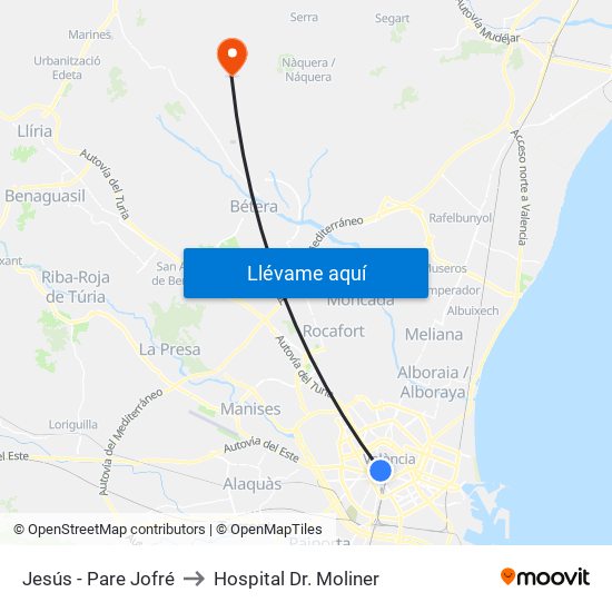 Jesús - Pare Jofré to Hospital Dr. Moliner map