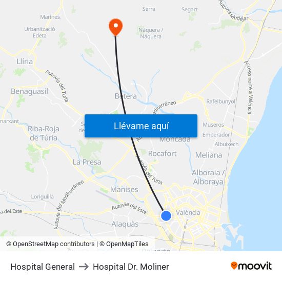 Hospital General to Hospital Dr. Moliner map