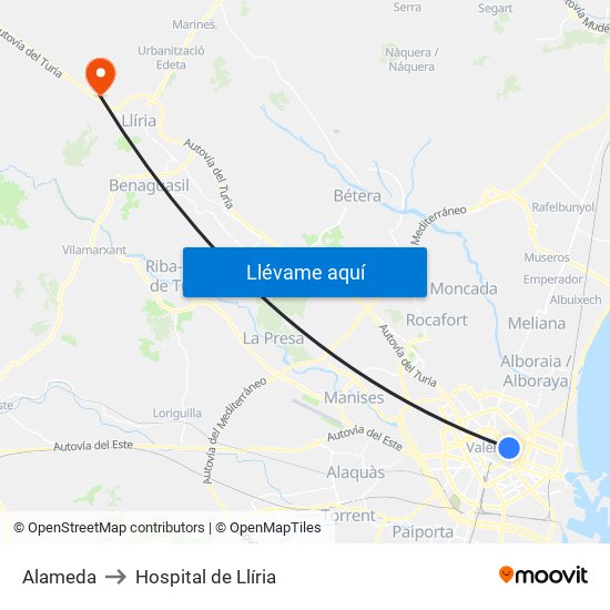 Alameda to Hospital de Llíria map
