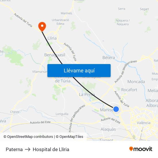 Paterna to Hospital de Llíria map