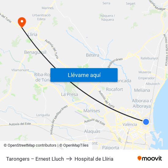 Tarongers – Ernest Lluch to Hospital de Llíria map