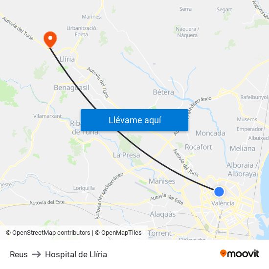 Reus to Hospital de Llíria map