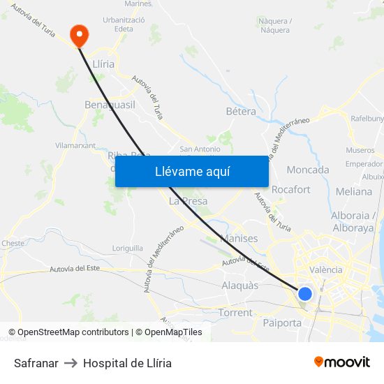 Safranar to Hospital de Llíria map