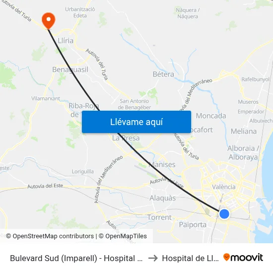 Bulevard Sud (Imparell) - Hospital La Fe to Hospital de Llíria map
