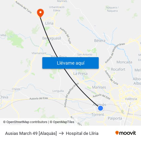 Ausias March 49 [Alaquàs] to Hospital de Llíria map