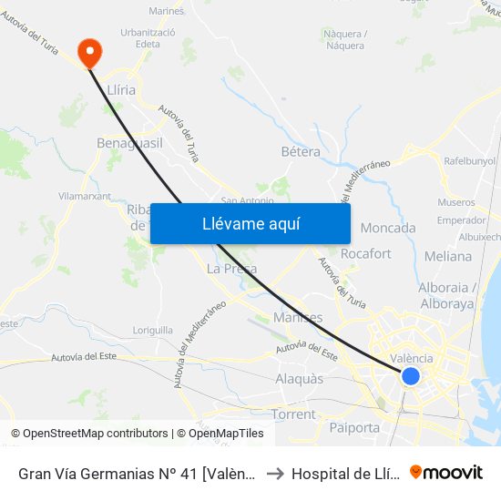 Gran Vía Germanias Nº 41 [València] to Hospital de Llíria map