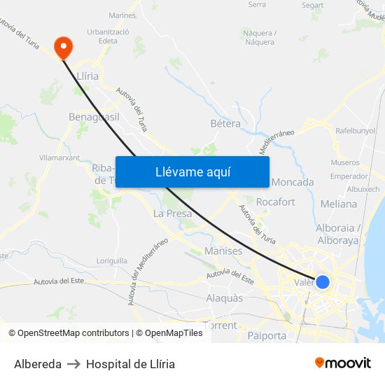 Albereda to Hospital de Llíria map